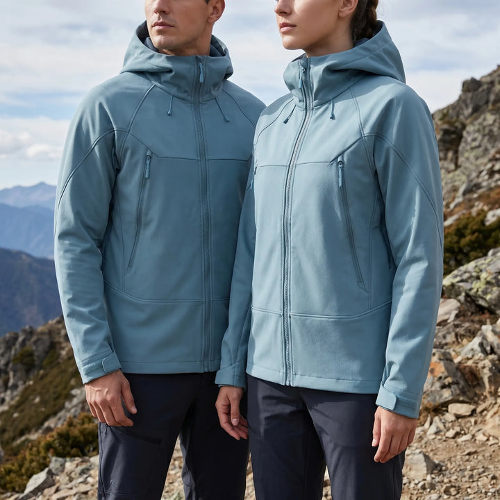 Hiker wearing a unisex hooded soft-shell jacket on a mountain trail. All-season outdoor adventure wear.