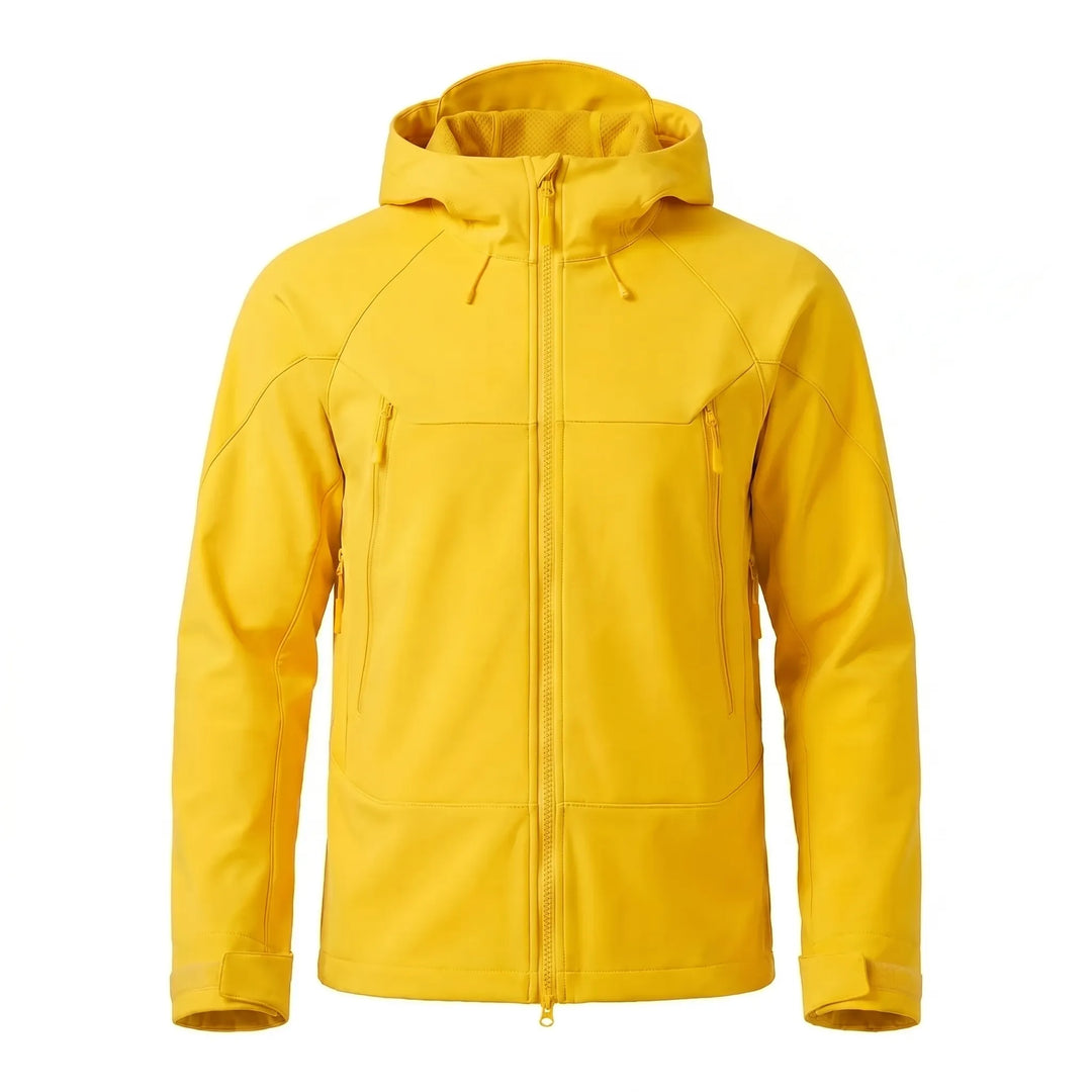 Blue unisex hooded soft-shell jacket. All-season outdoor gear for hiking, camping, trekking, adventure.