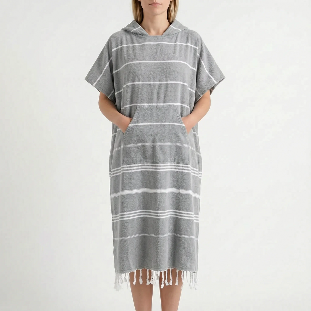 Compact, quick-dry hooded changing poncho; essential travel surf robe & swim cover-up.