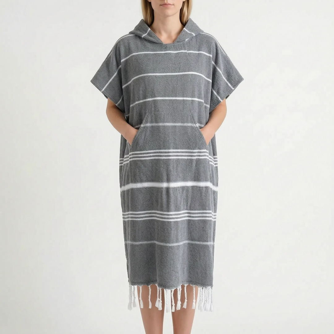 Hooded surf changing poncho with quick-dry fabric; versatile unisex beach & swim robe.