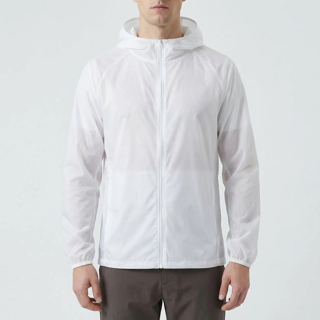 Outdoor hooded windbreaker jacket, lightweight and versatile for hiking, camping, and travel.