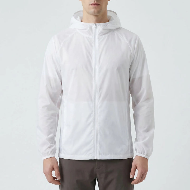 Outdoor hooded windbreaker jacket, lightweight and versatile for hiking, camping, and travel.