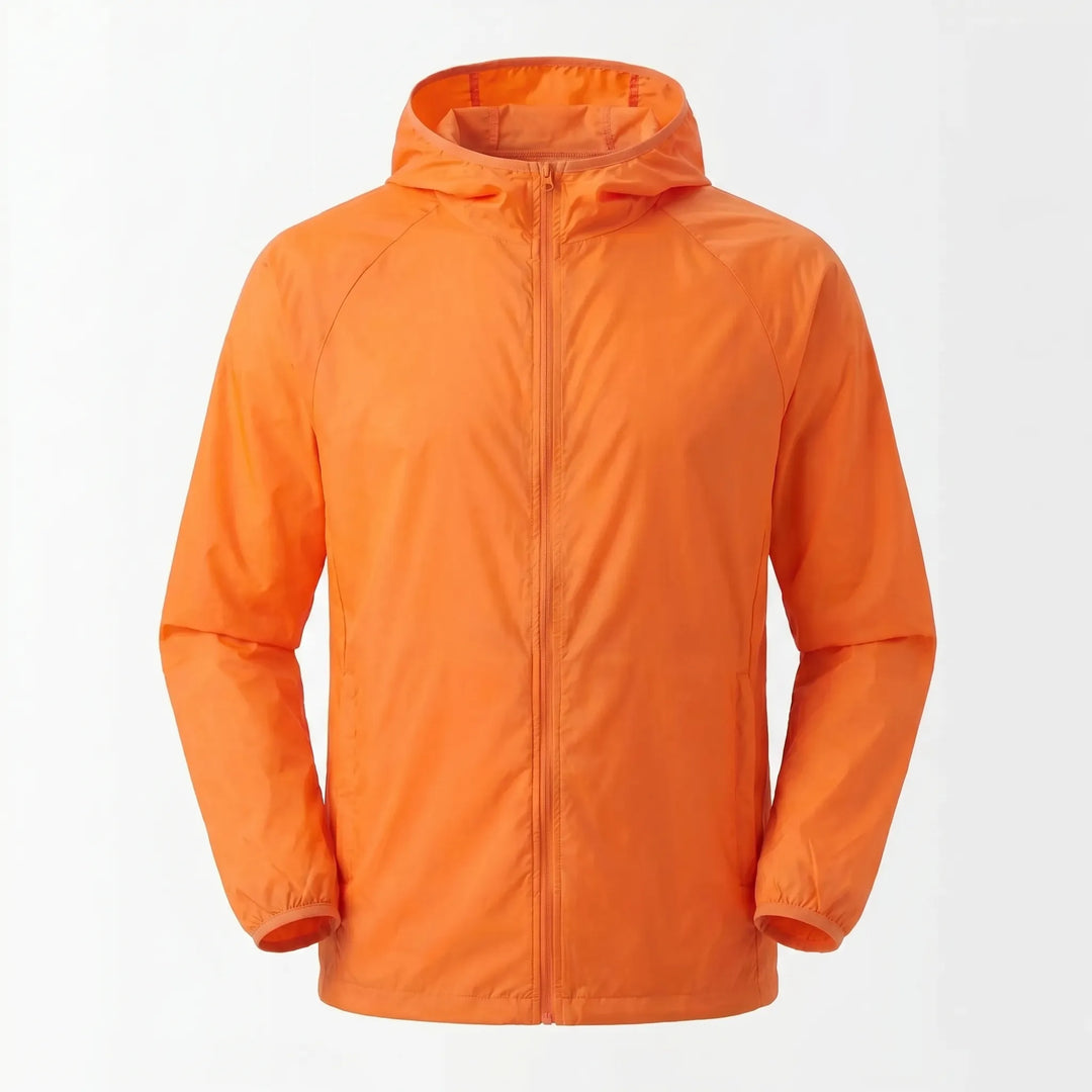 Unisex athletic hooded windbreaker, designed for comfort and weather protection on trails.
