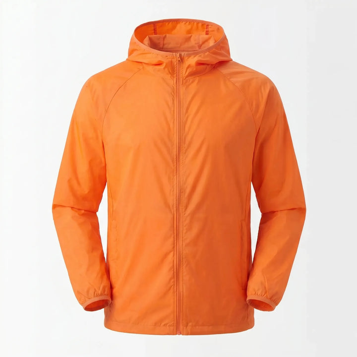 Unisex athletic hooded windbreaker, designed for comfort and weather protection on trails.