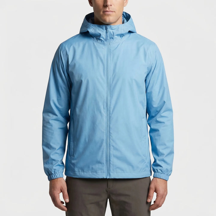 Lightweight hooded windbreaker jacket for weather protection during hiking, fishing, and travel.