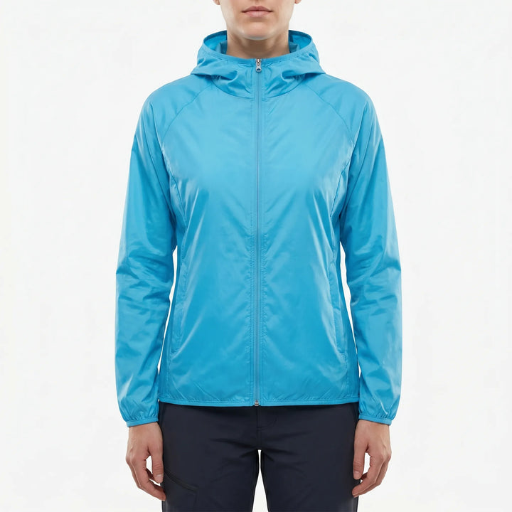 Versatile unisex windbreaker jacket with a hood, ideal for outdoor activities and athletic use.