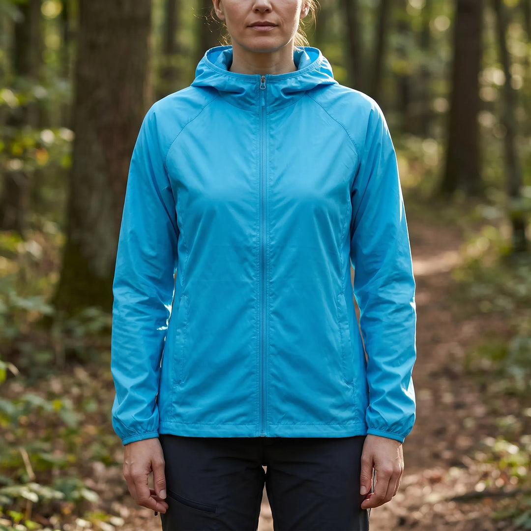 Durable hooded windbreaker for men and women, designed for camping, hiking, and travel.