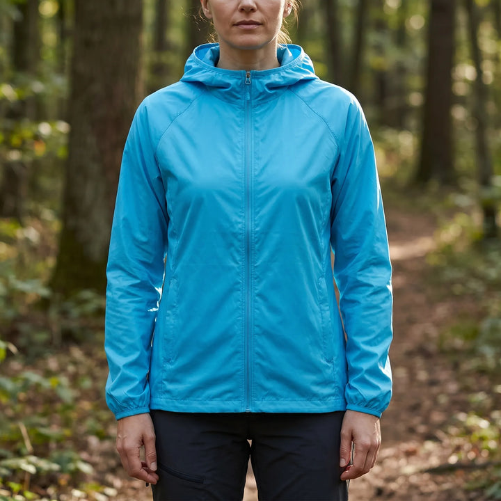 Durable hooded windbreaker for men and women, designed for camping, hiking, and travel.