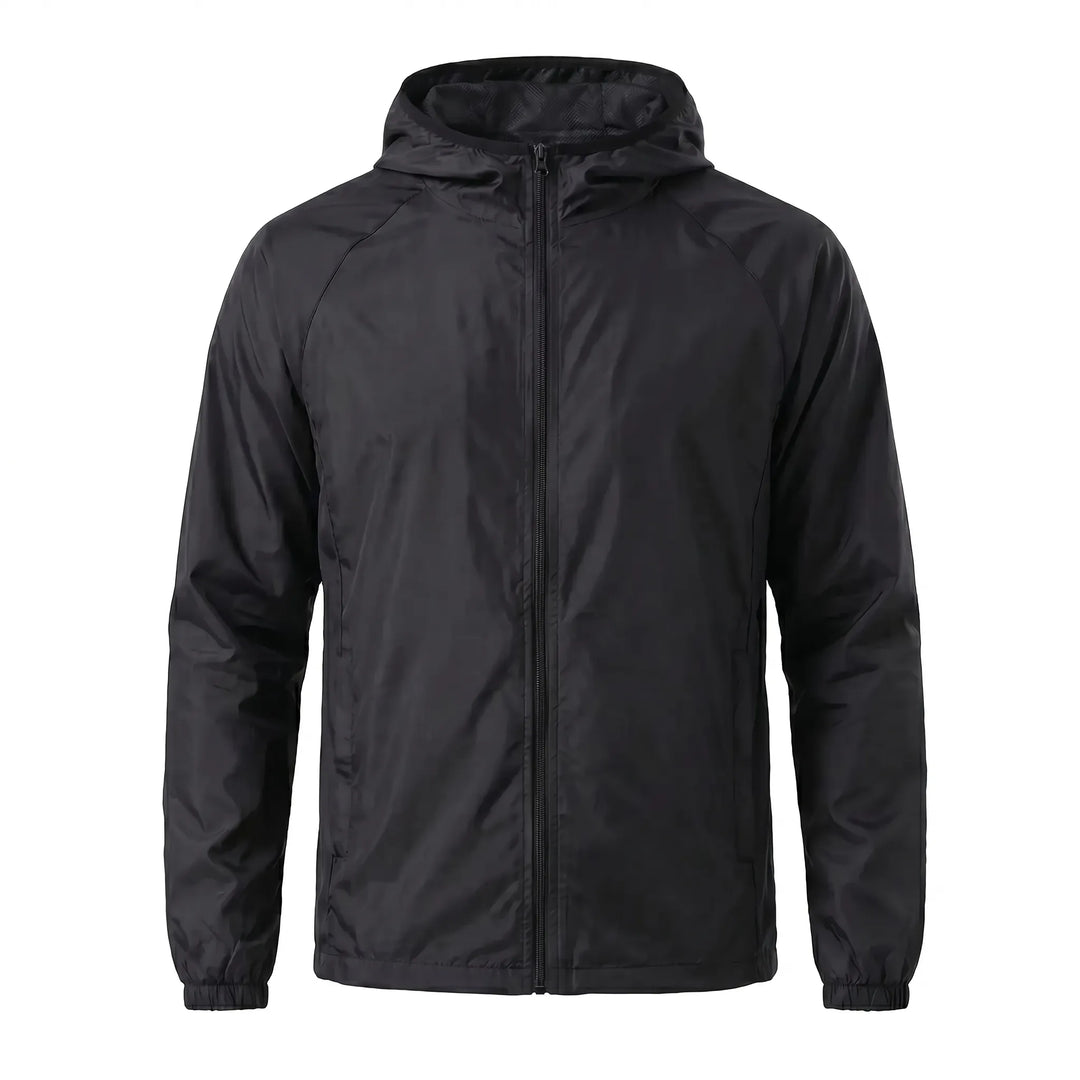Wind-resistant hooded jacket, unisex design for hiking, fishing, and general outdoor use.