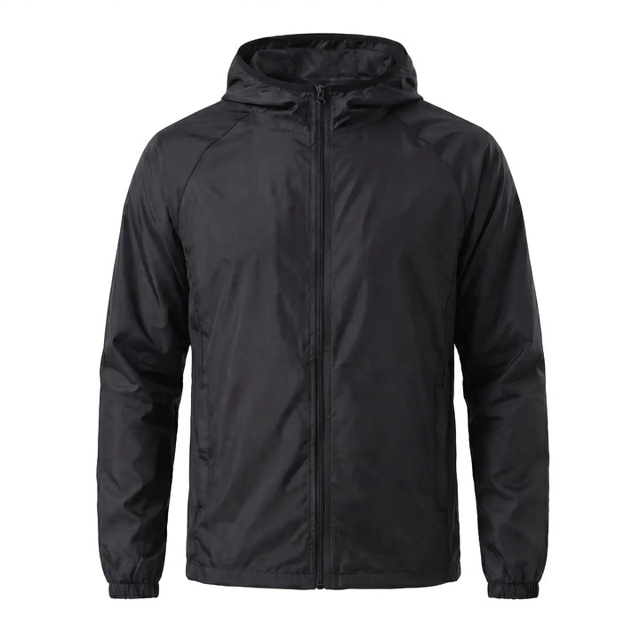 Wind-resistant hooded jacket, unisex design for hiking, fishing, and general outdoor use.