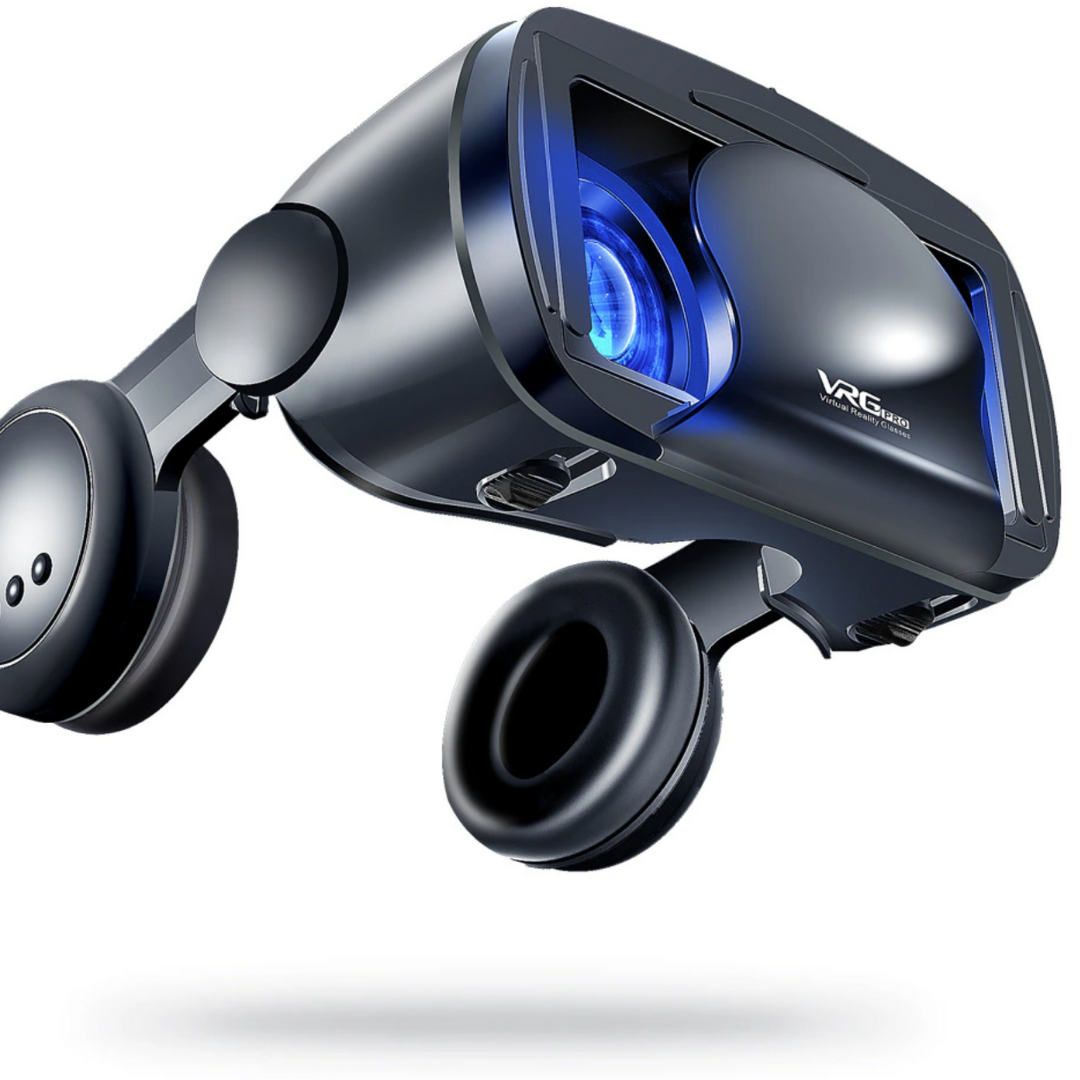 Virtual Reality Headset for smartphones with integrated headphones & Bluetooth controller.