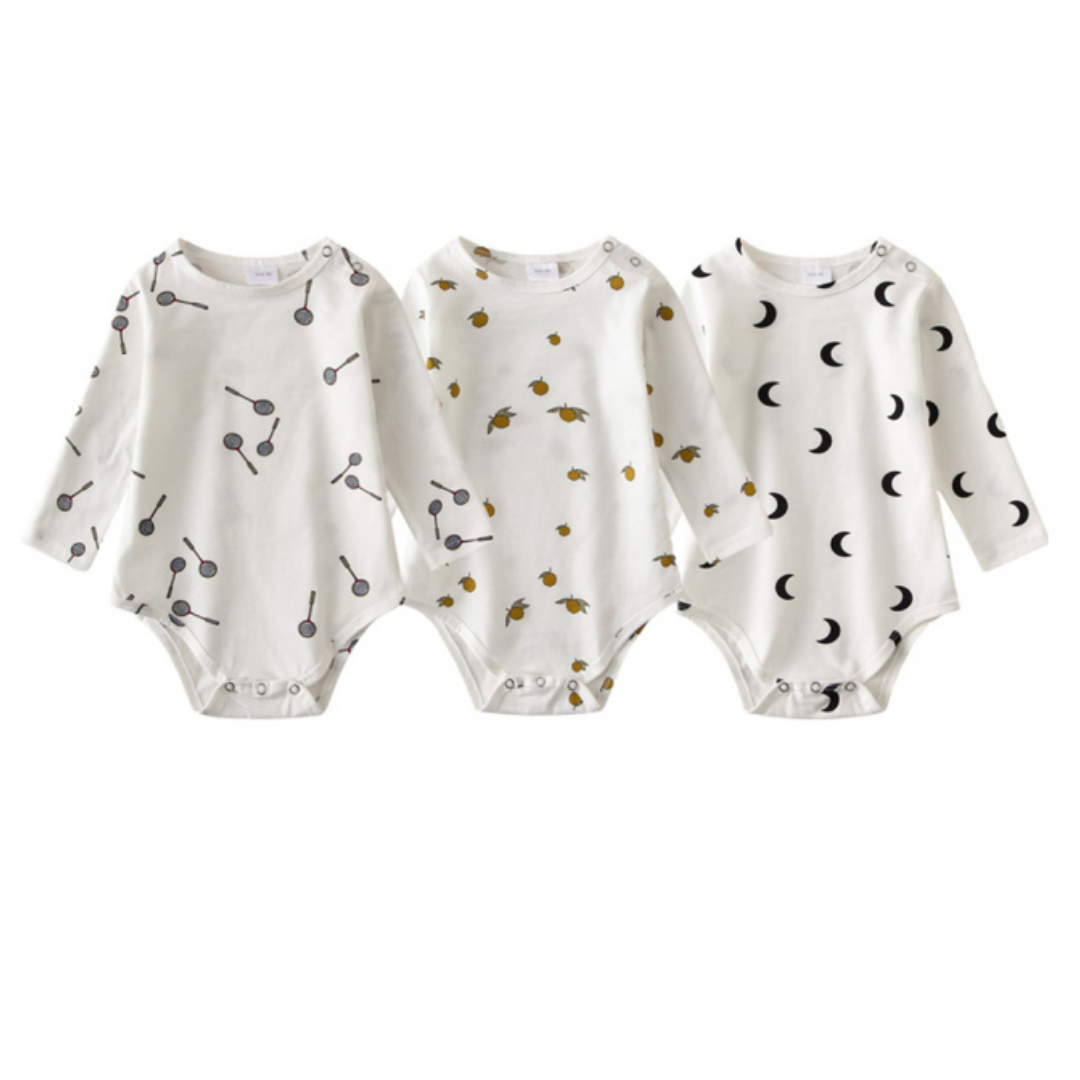 Unisex infant 3-pack long sleeve cotton onesies with star, stripe & dot pattern prints, newborn essential