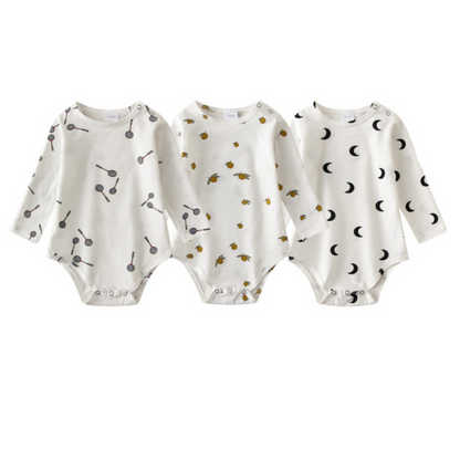 Unisex infant 3-pack long sleeve cotton onesies with star, stripe & dot pattern prints, newborn essential