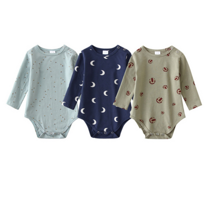 Soft cotton baby romper 3-pack for infant boys & girls, featuring diverse pattern prints in long sleeve style