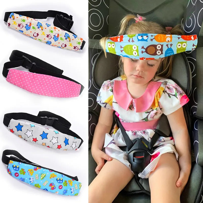 Unisex infant car seat head support with adjustable belt for child safety & cozy travel comfort.