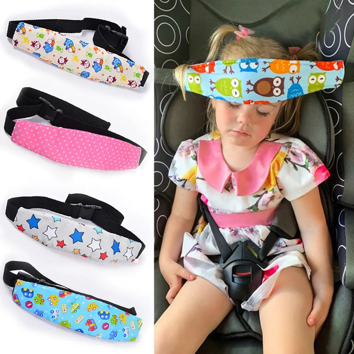 Unisex infant car seat head support with adjustable belt for child safety & cozy travel comfort.