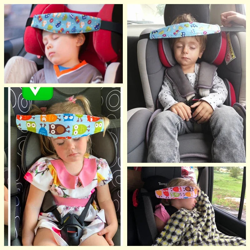 Soft polyester cotton unisex head support for infant car seats, with an adjustable safety belt.