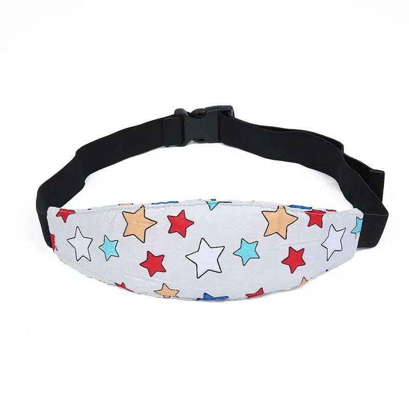 Unisex baby head support for car seats with adjustable belt for infant safety and comfort.