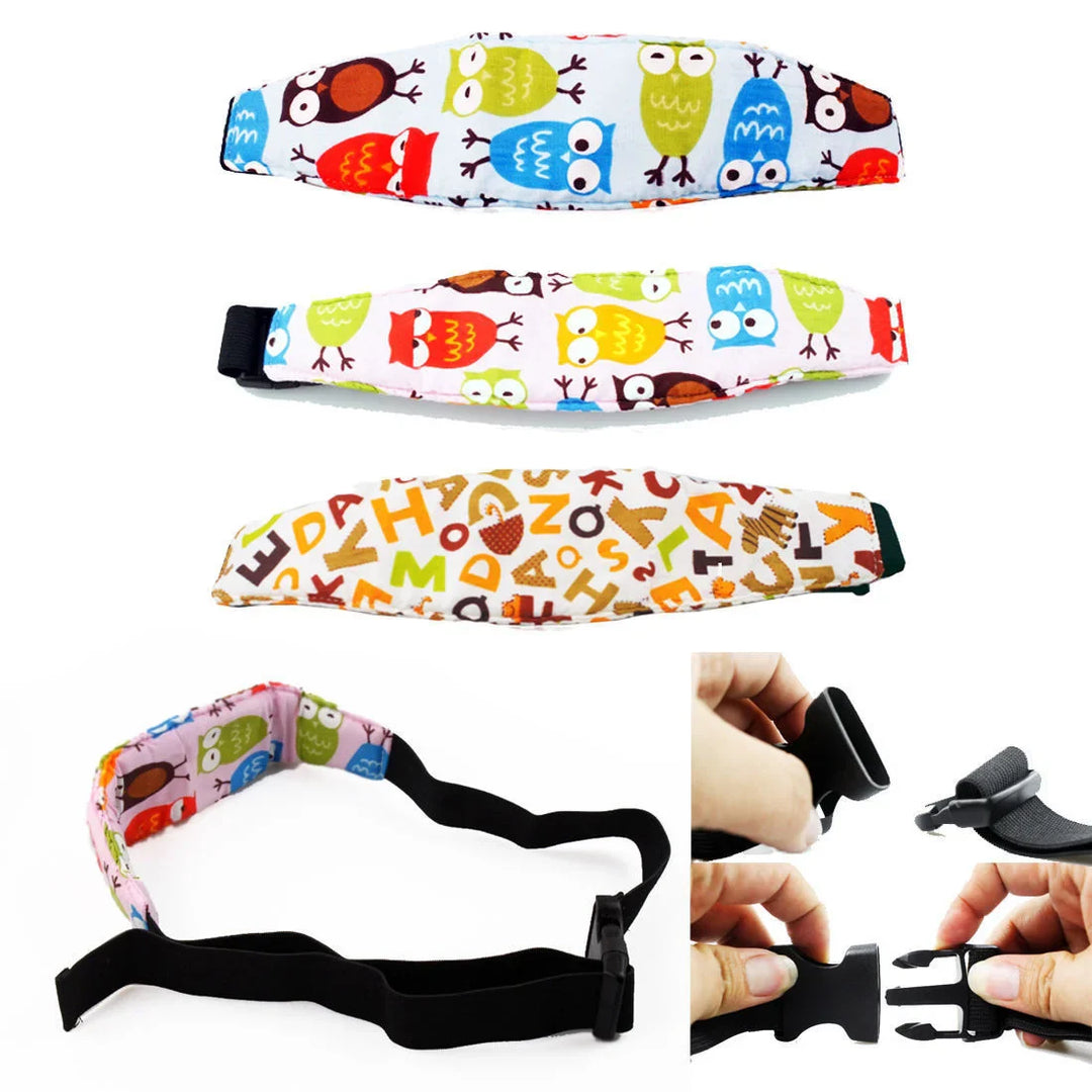 Adjustable car seat head support & belt provides secure neck support for infants & toddlers during travel.