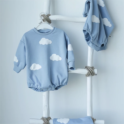 Cotton cloud print baby romper jumpsuit, designed for comfort and style for infants.