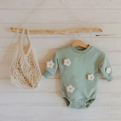 Cloud motif cotton romper for baby, featuring long sleeves and easy-access snaps.