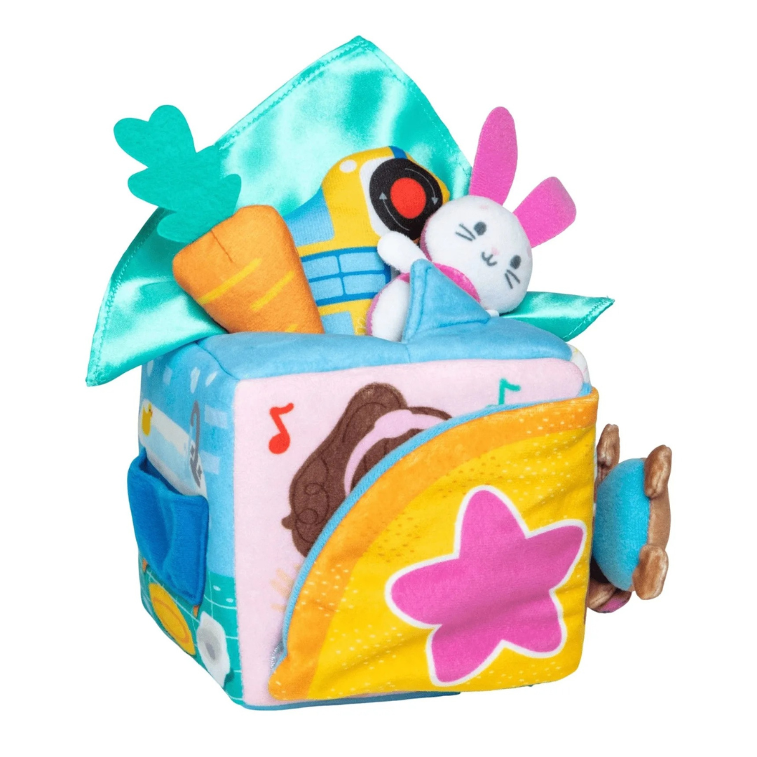 Unisex infant interactive sensory plush cube toy, soft fabric, developmental activity for toddlers, babies