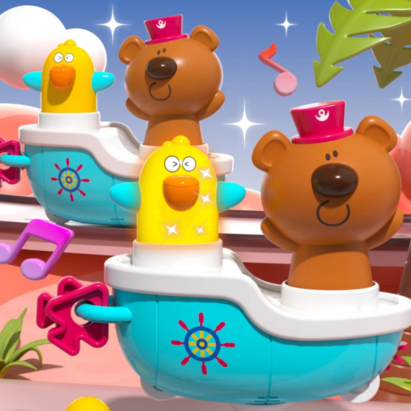 Unisex infant musical wobble toy boat with colorful buttons, encouraging sensory play and motor skills.