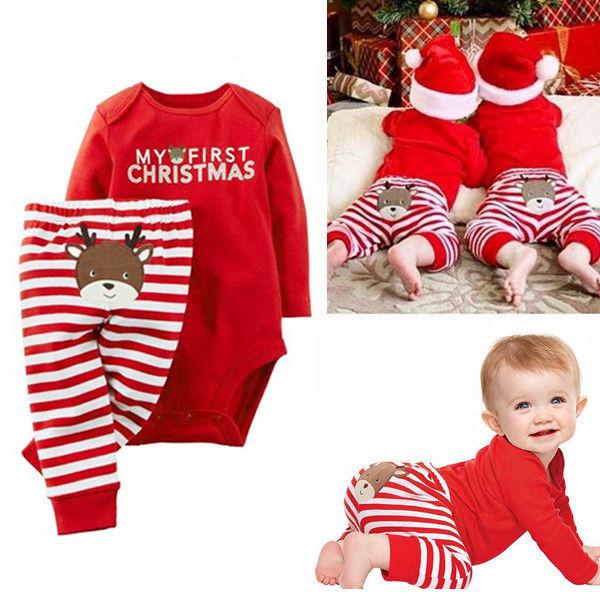 Unisex infant reindeer Christmas romper and striped pants set, perfect holiday wear for baby boys and girls.