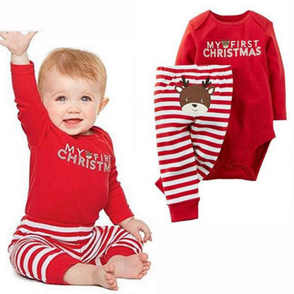 Cute newborn cotton reindeer romper with matching striped pants, ideal festive baby outfit for Christmas.