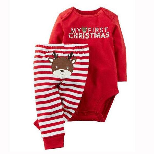 Festive reindeer-themed infant romper and coordinated striped pants, comfortable holiday clothes for baby.