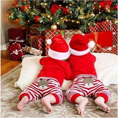 Adorable baby Christmas outfit: long-sleeve reindeer romper and red/white striped pants for festive fun.