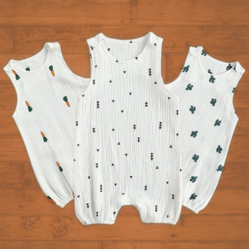 Full-length shot of a cute sleeveless baby jumpsuit, suitable for both girls and boys.