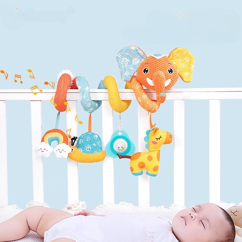 Unisex infant spiral activity toy for crib or stroller, colorful plush with rattles to engage newborns' motor skills.