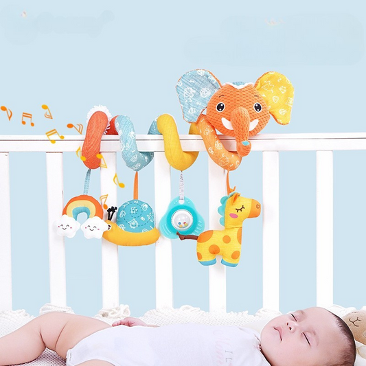 Unisex infant spiral activity toy for crib or stroller, colorful plush with rattles to engage newborns' motor skills.