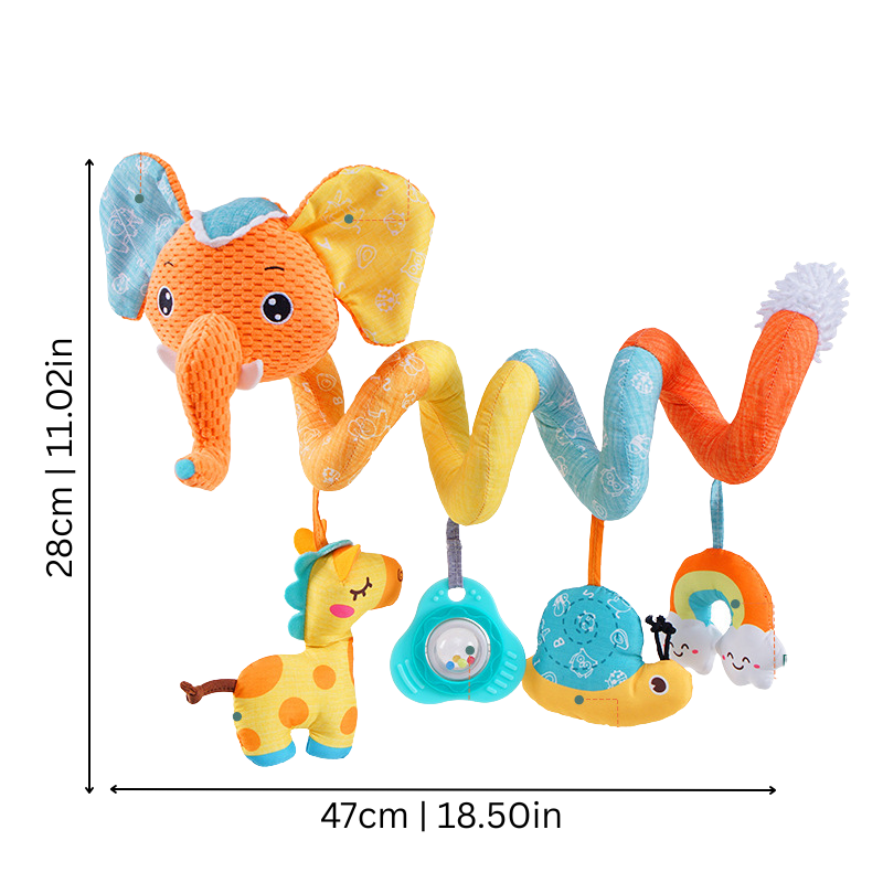 Soft infant spiral activity toy with hanging rattles, perfect for sensory play in cribs or strollers, promoting baby's development.
