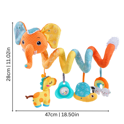 Soft infant spiral activity toy with hanging rattles, perfect for sensory play in cribs or strollers, promoting baby's development.