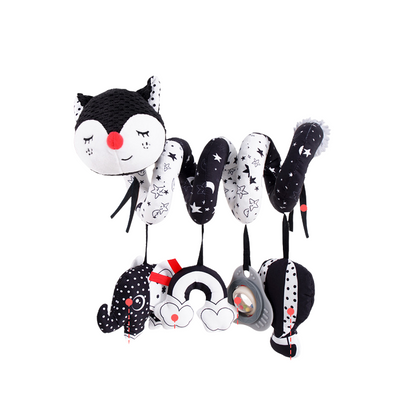 Newborn spiral plush activity toy for cribs and strollers, featuring bright colors and safe rattles to stimulate infant motor skills.