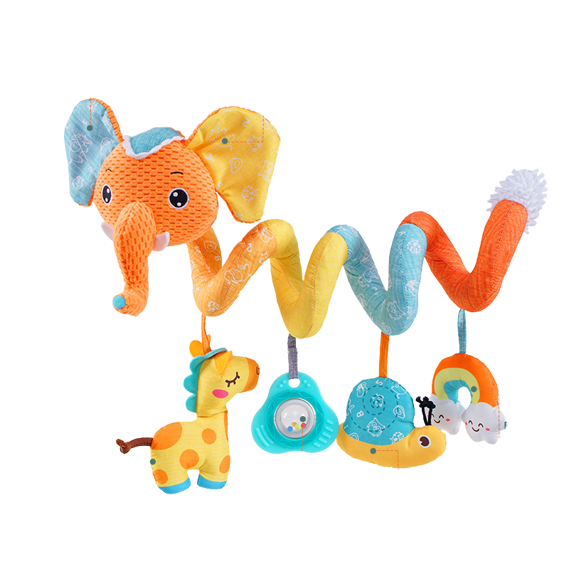 Sensory spiral activity toy for babies, a versatile plush crib and stroller accessory designed for infant entertainment and development.