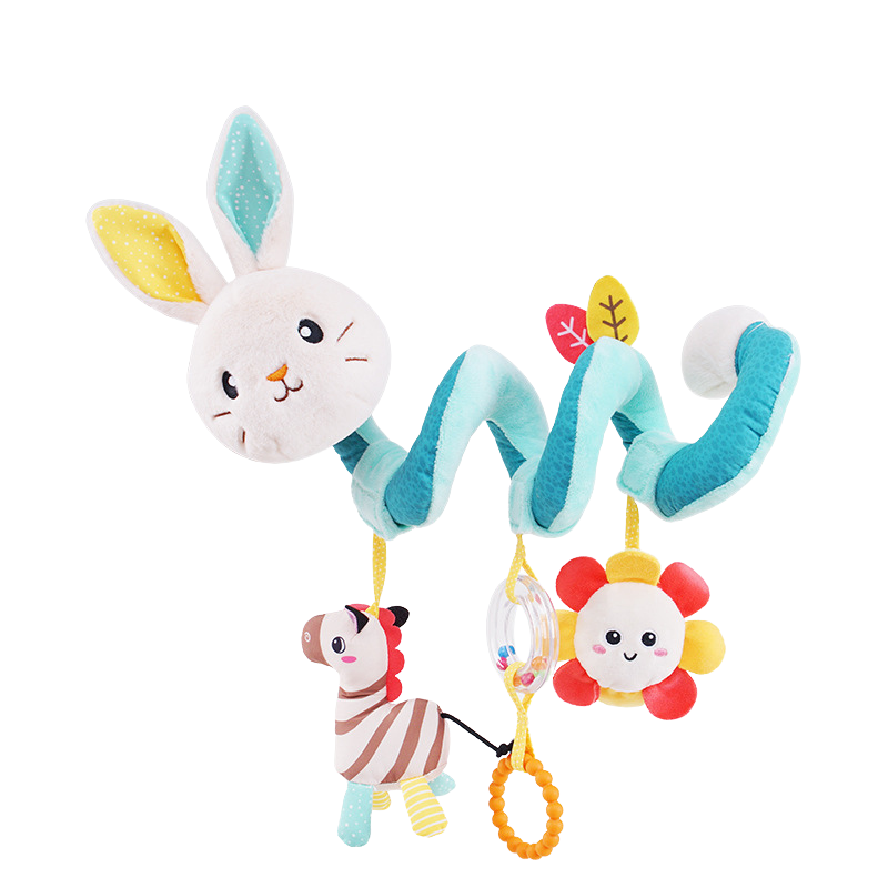 Close-up of a unisex infant spiral activity toy with various plush elements and rattles, ideal for crib and stroller attachment.