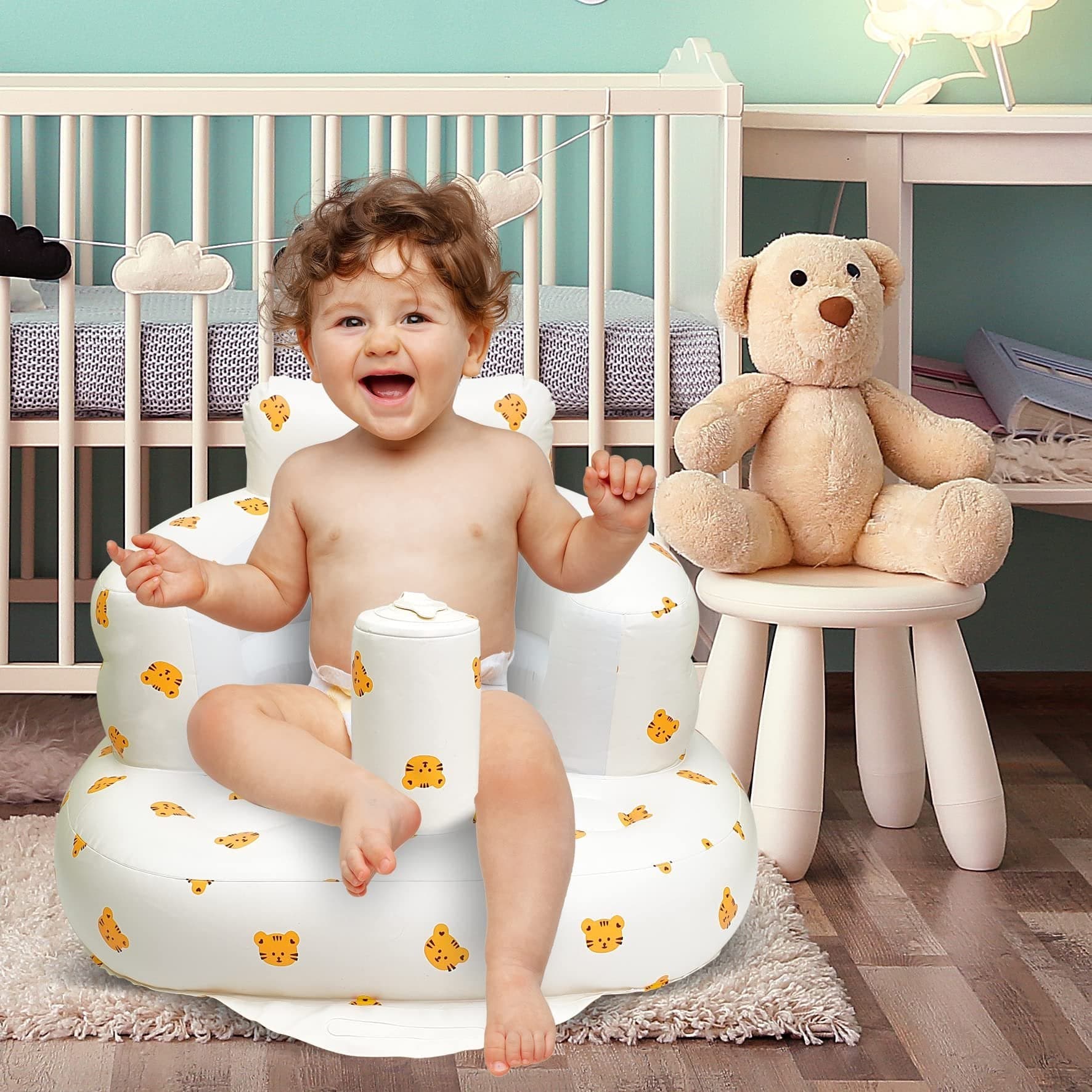 Unisex inflatable baby seat with back support, blue and white, for feeding and playtime