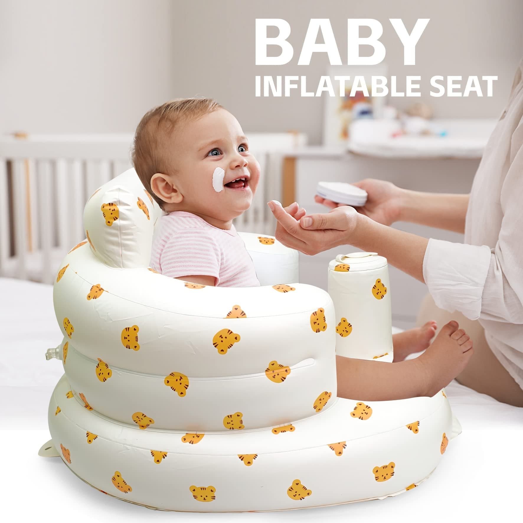 Top-down view of an inflatable baby and toddler seat, showcasing ergonomic design