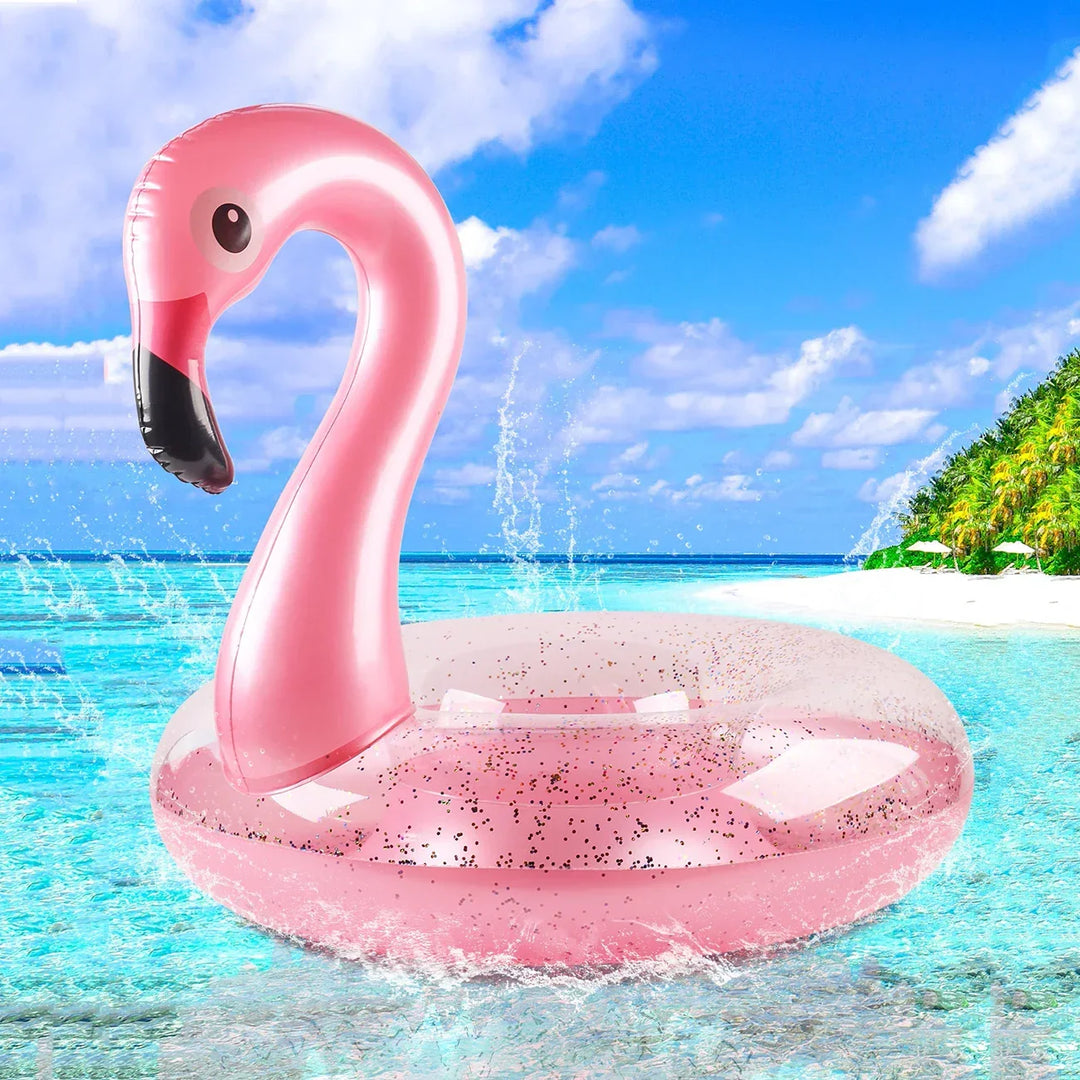 Vibrant glitter flamingo pool float, ideal kids & adult summer toy for endless water fun at the beach or pool.