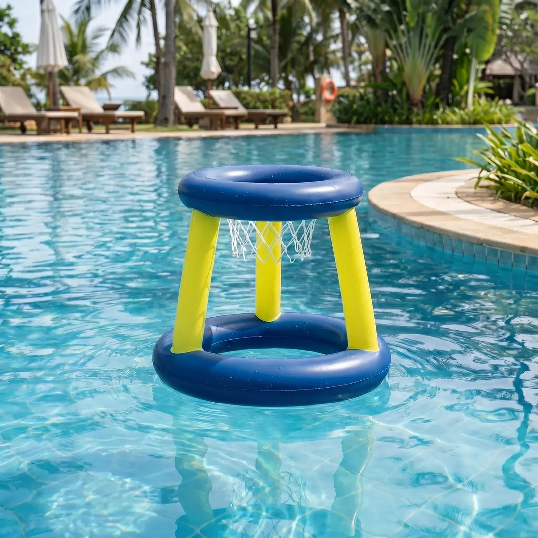 Unisex inflatable floating pool game set with basketball hoop, volleyball net, and ball for summer water games.