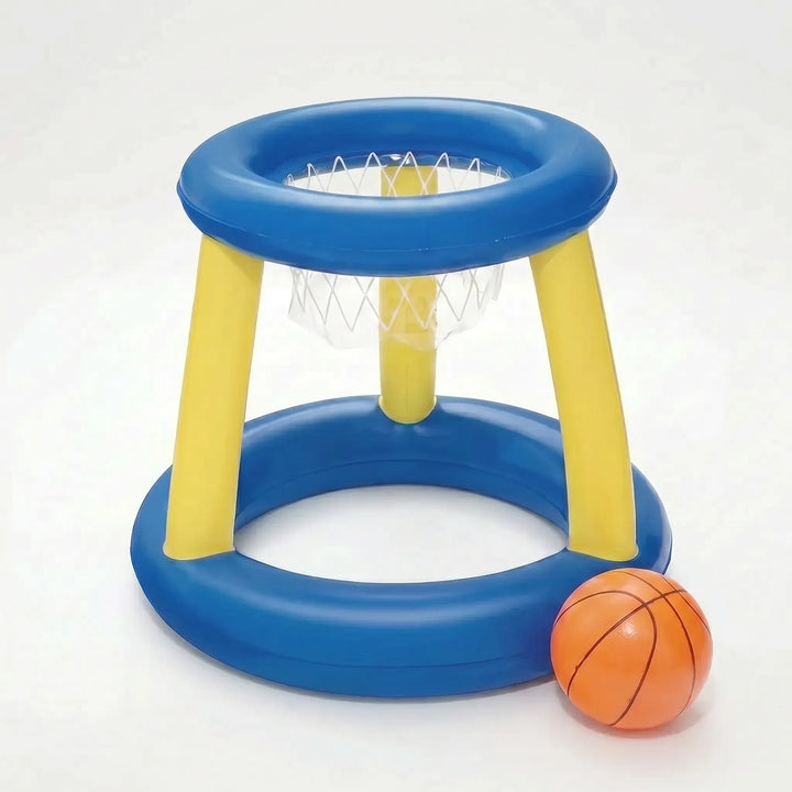 Close-up of inflatable floating volleyball net and ball for exciting pool party water games.