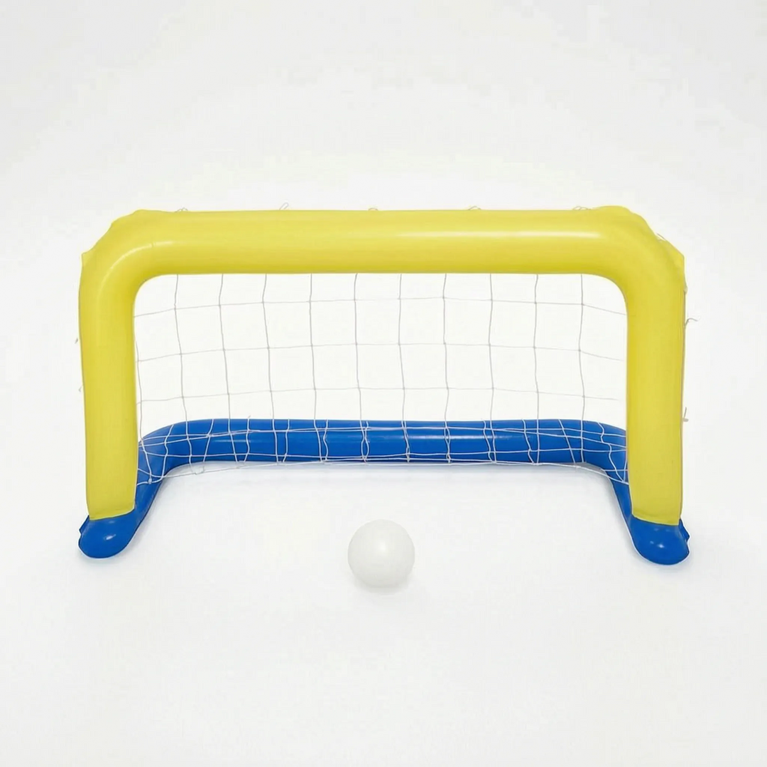 Large inflatable floating pool game set with net and hoops, ready for family fun water games in summer.