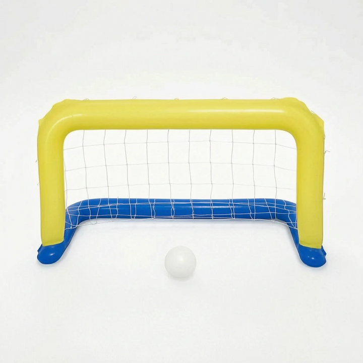 Large inflatable floating pool game set with net and hoops, ready for family fun water games in summer.