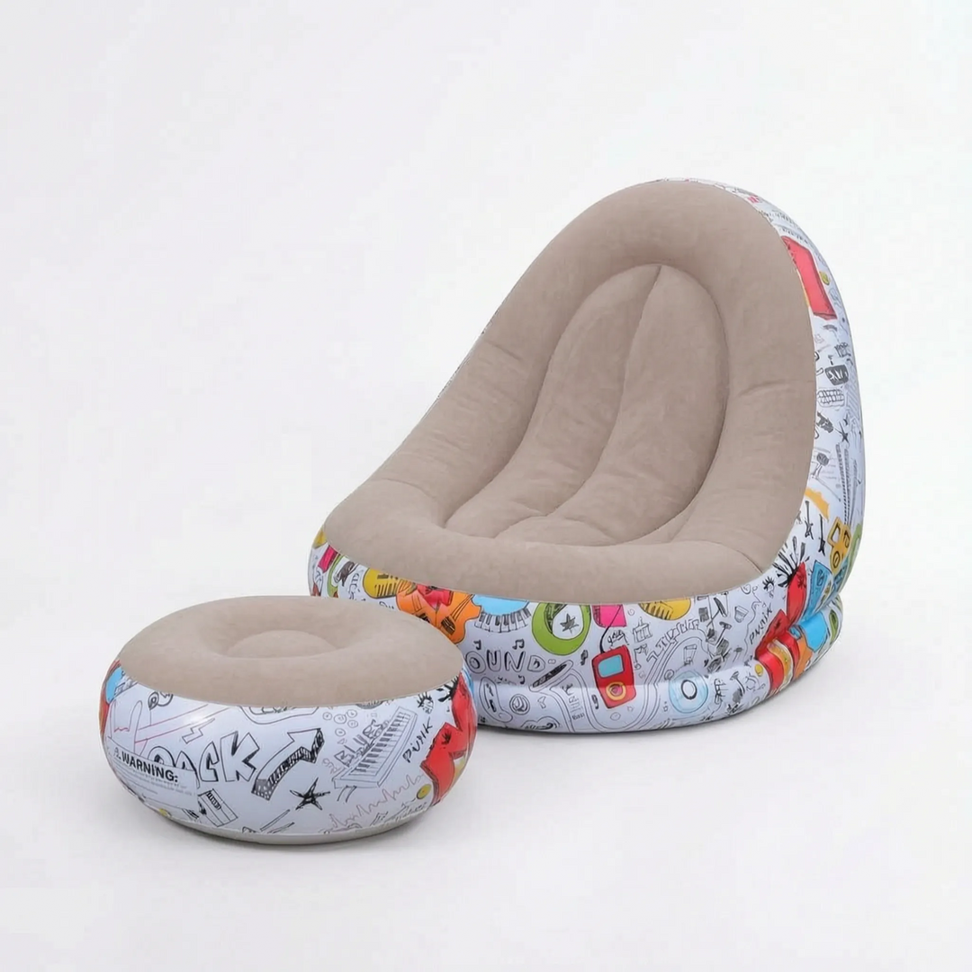 Durable inflatable lounge chair and matching ottoman, offering a comfortable and portable seating solution.