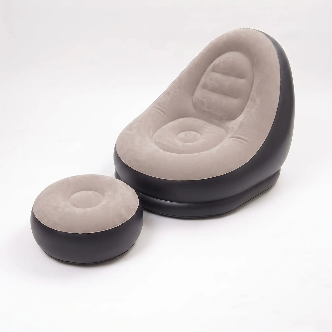 Space-saving inflatable lounge chair set with ottoman, versatile for outdoor patios, indoor living, or dorms.
