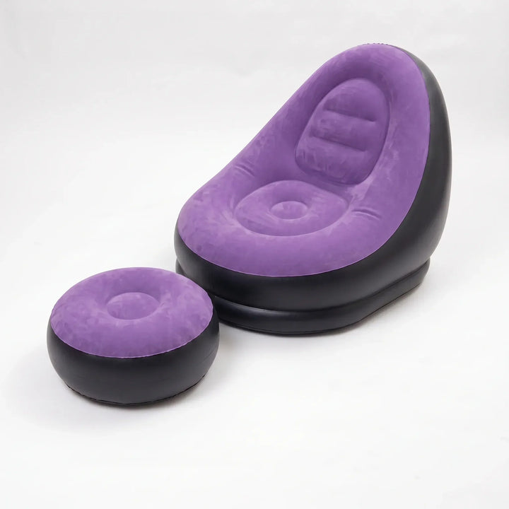 Cozy inflatable leisure lounge chair with ottoman footrest, designed for comfortable indoor or outdoor unwinding.