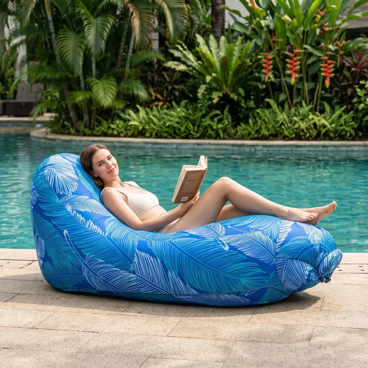 Unisex inflatable outdoor lounge chair, perfect portable seating for beach, camping, garden. Easy setup.